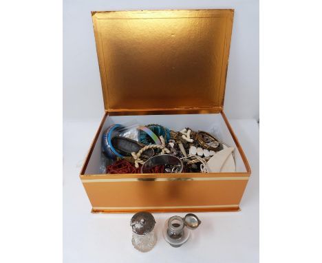 A collection of costume jewellery and watches along with a salt pot and desk ink well. 