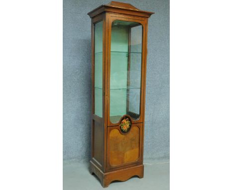 A Continental style walnut display cabinet with painted floral panel door enclosing glass shelves and light fittings on brack