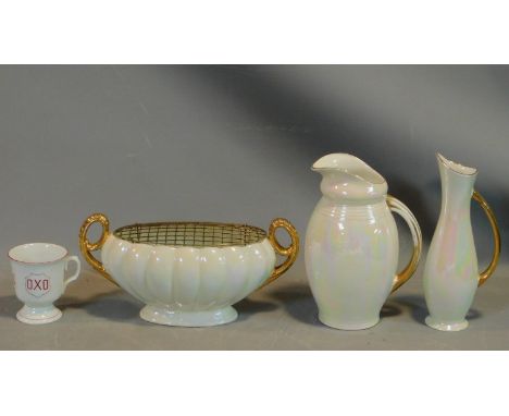 A collection of vintage Radford Pottery gilded pearlware and an antique OXO porcelain advertising cup. Makers signature to th
