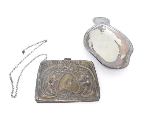 An antique silver repousse Art Nouveau style floral design ladies purse with a Mappin and Webb silver plated trinket dish. Th