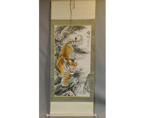 A 20th century Chinese scroll painting of a tiger. 157x59cm 