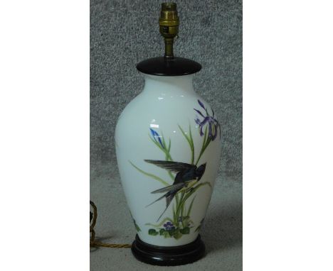 A Franklin hand painted porcelain vase "The Meadowland Bird" Signed by Basil converted into a table lamp. H.40cm 