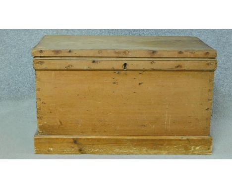 A 19th century pine trunk with hinged lid and side carrying handles. H.42 W.46 D.27cm (largest) 