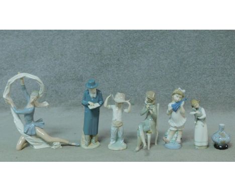 A miscellaneous collection of six Lladro and NAO figures and a similar vase. The vase painted to look like its sitting on a c