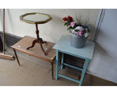 A leather topped occasional table; together with a small wooden table etc.