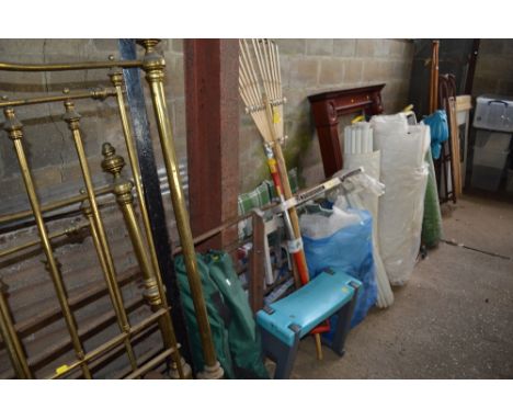 Two camping chairs; A garden rake; a ladder stay etc