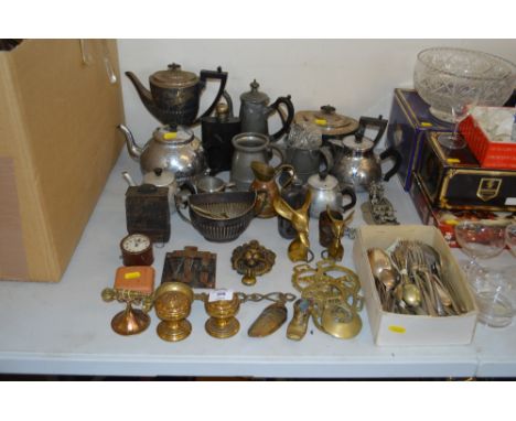 A quantity of metal ware to include cutlery; coffee and tea pots; horse brasses; door knocker in the form of a lion etc