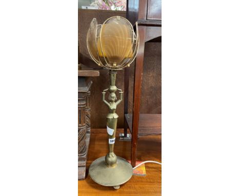 VINTAGE FEMALE FIGURAL LAMP WITH GLASS PETAL SHADE