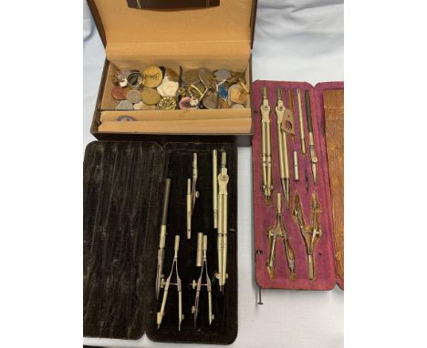 TWO VINTAGE DRAWING SETS AND CASE OF ASSORTED COINS, CUFFLINKS, ETC.