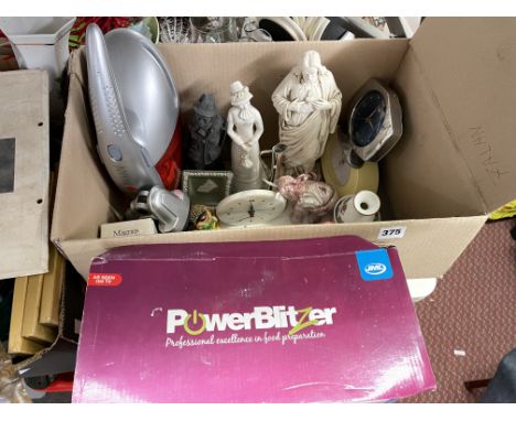 BOX CONTAINING CERAMIC FIGURES, ALABSTER CLOCK, POWER BLENDER