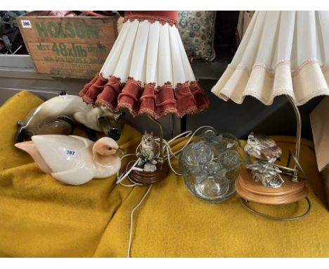 TWO OWL LAMPS, LARGE SCALE CERAMIC ANIMAL FIGURES AND A GLASS DRESSING TABLE SET