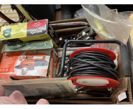 CARTON CONTAINING EXTENSION REEL, VARIOUS LOOSE SPANNERS, HACK SAW, BLACK AND DECKER SANDER, BLACK AND DECKER JIGSAW, ETC.