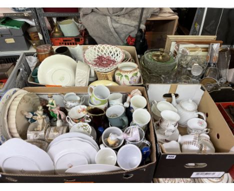 FOUR CARTONS CONTAINING TREEN BOWL, PRINTS, GLASSWARE, PART ROYAL ALBERT 'PRAIRIE LILY' TEA SET, CERAMIC FIGURES, ETC.