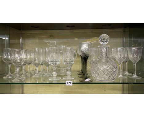 SHELF MADE UP OF A ROYAL DOULTON GLASS DECANTER, VARIOUS WINE GLASSES AND TWISTED SMOKED STEM GLASSES, ETC.