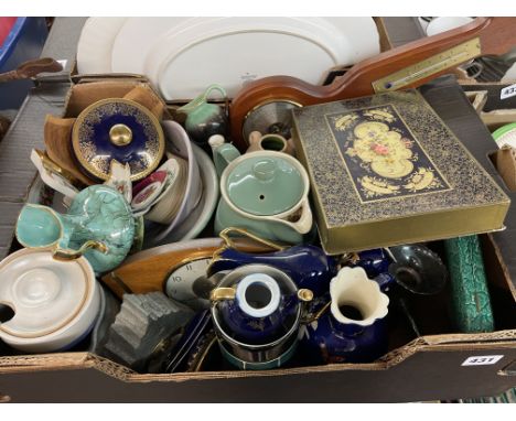 CARTON CONTAINING ASSORTED CHINA, LIMOGES BOWLS AND JUGS, 1960S MANTEL CLOCK, BAROMETER, ETC.