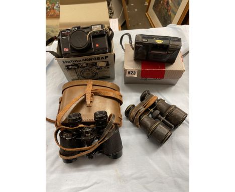 HALINA CAMERA, RICOH CAMERA AND TWO PAIRS OF BINOCULARS 