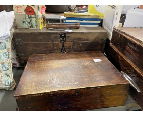 FIVE WOODEN TOOL BOXES INCLUDING STANLEY PLANES, ELECTRIC FITTINGS, PIFCO LAMP, SWAN TOASTER, ETC.