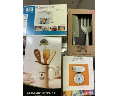 CERAMIC PITCHER, SALTER SCALES, HP PHOTOSMART COMPACT PHOTO PRINTER AND GARDEN TROWEL SET