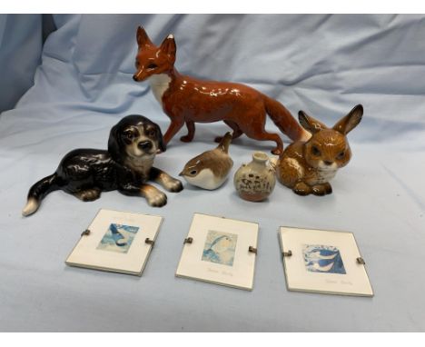 BESWICK FOX, GOEBEL RABBIT AND PUPPY, PORCELAIN BIRD AND SMALL STUDIO POTTERY CERAMIC VASE 