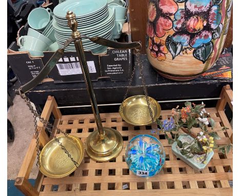 HEAVY GLASS FISH DECORATED PAPERWEIGHT, STONE WORK BONSAI TREE AND BRASS PAN SCALES