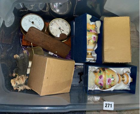 BOX CONTAINING A CLOCK THERMOMETER, DOMINOES, LEONARDO COLLECTION VASES, WOOD PLANE, ETC.