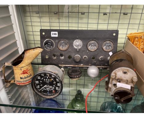 ASSORTMENT OF VINTAGE MOTOR PARTS INCLUDING MASERATI OIL CAP, FERRARI DEANO GEAR KNOB, MOBIL OIL CAN, ONE MAGNETTO AND VARIOU