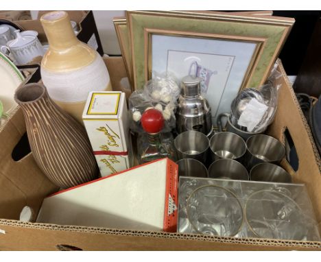 BOX CONTAINING COCKTAIL SHAKER, CERAMIC VASES, POTTERY CAT FIGURE, GLASSES, ETC.