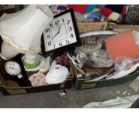 TWO CRATES CONTAINING MANTEL CLOCK, CERAMIC VASES, TABLE LAMPS, PLATED BISCUIT BARREL AND PART DINNER SET, ETC.
