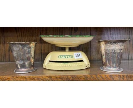 VINTAGE ENAMEL SALTER SCALES AND A PAIR OF PLATED VASES