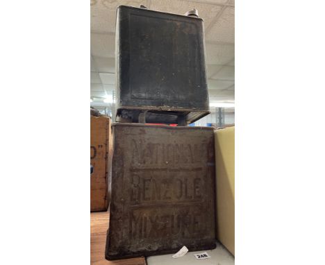 THREE VINTAGE PETROL CANS INCLUDING NATIONAL BENZOLE
