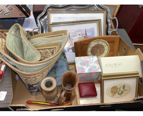CRATE CONTAINING ASSORTED PRINTS, BAROMETER, GALLAWAY CRYSTAL, MANTEL CLOCK AND A CHROME SALVER