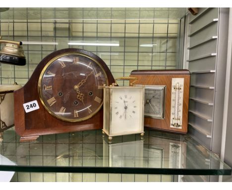 MAHOGANY CHIMING MANTEL CLOCK, WALL BAROMETER AND A SMITHS QUARTZ CLOCK
