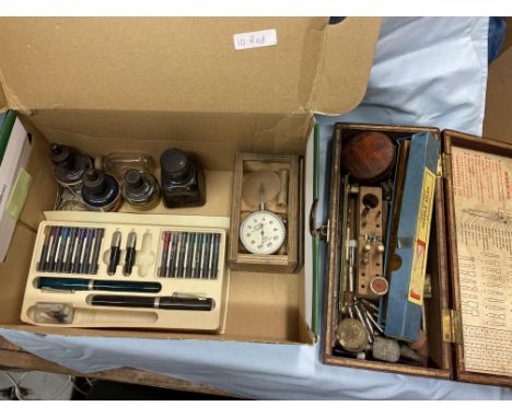 BOX CONTAINING A PEN SET, VARIOUS INKS, COVENTRY GAUGE AND A WOODEN TOOL CASE 