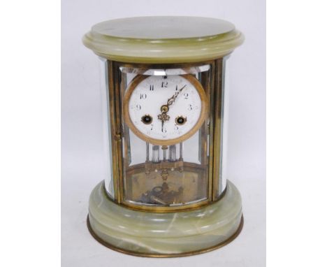 Green onyx four glass mantel clock, the twin train dial with Arabic numerals, mercury-driven pendulum, striking on a gong, 26