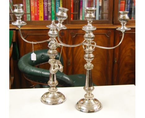 Pair of Old Sheffield plated two-branch three-light candelabra with gadrooned sconces upon tapering stems with masked knops a