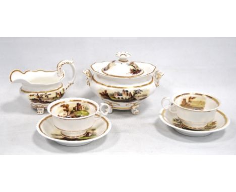 Early 19th century porcelain tea for two set decorated with pictorial Scottish scenes on a white and gilt ground, comprising 