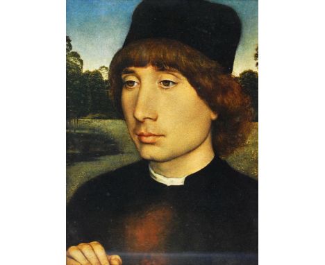 After Hans Memling Portrait of a young man before a landscape Print, 24cm x 17cm. Label verso for W Heffer &amp; Sons Ltd, Th