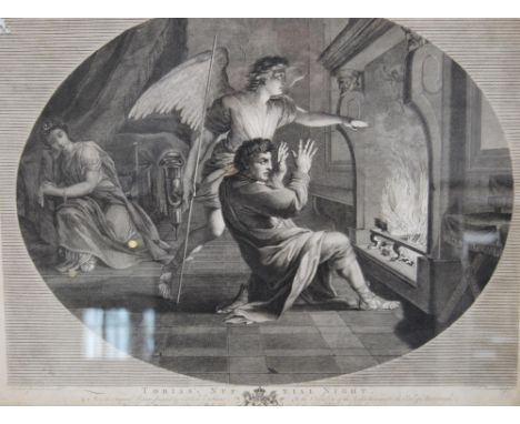 SF Ravenet After R Earlton Tobias's Nuptial Night Print engraving with crest below, 40cm x 54cm.