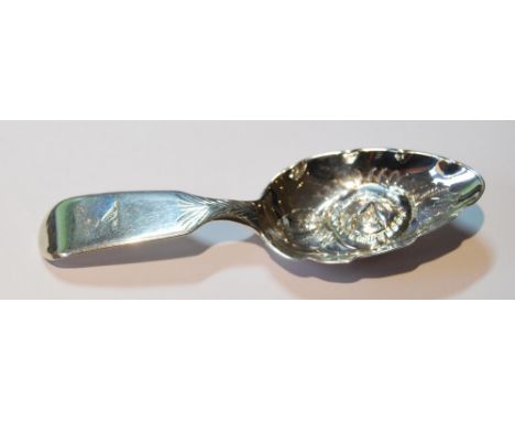 Spoon by R Peppin, 1822 with florally embossed bowl and crested pattern grip.