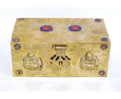 Chinese brass casket decorated with assorted enamel cabochons, Chinese calligraphy and symbols, applied Buddhas and a wood-li