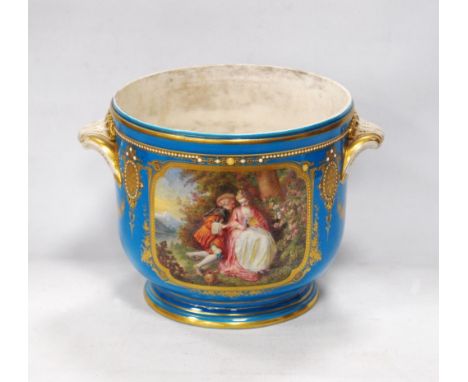 Sèvres porcelain twin-handled jardinière decorated with reverse floral panels and gilded cartouche with gem-effect cabochons 