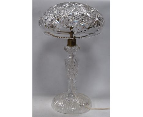 1930s cut glass table lamp with a mushroom-style glass shade, on tripod gilt metal branches, above a turned stem and circular