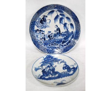 Chinese blue and white plate decorated with ladies at leisure in a gondola with an immortal figure above, with marks for Kang