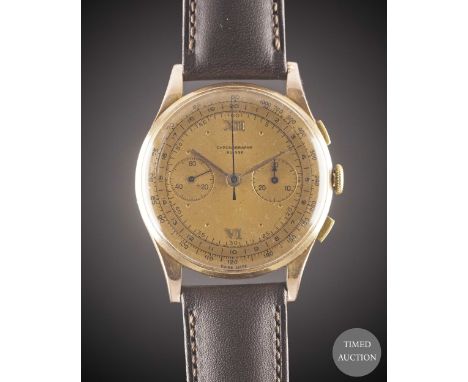 A GENTLEMAN'S 18K SOLID ROSE GOLD CHRONOGRAPHE SUISSE WRIST WATCH
CIRCA 1940s
Movement:&nbsp;Manual wind.&nbsp;
Case:&nbsp;Di