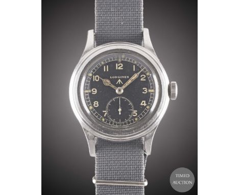A GENTLEMAN'S STAINLESS STEEL BRITISH MILITARY LONGINES W.W.W. WRIST WATCH
CIRCA 1945, PART OF THE "DIRTY DOZEN", WITH MATCHI