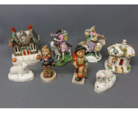 Mixed Lot: Staffordshire pastel burner, two Staffordshire seated sheep ornaments, Staffordshire style pastel burner, two 19th