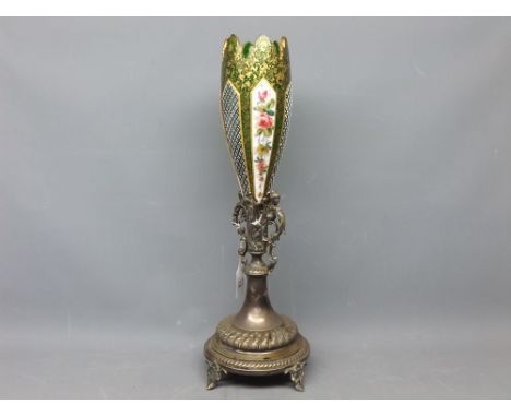 Bohemian green and flash cut single epergne with castellated and gilded design, on a silver plated base, figure mounted handl