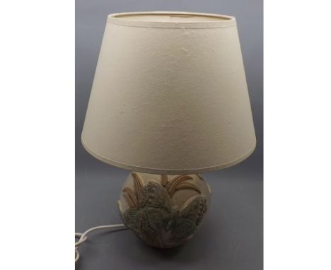 Stoneware Bernard Rook bulbous electric table lamp with raised butterfly relief and cream shade, 18ins tall  