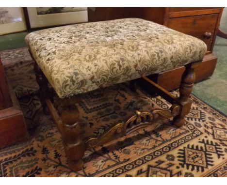 20th century Cromwellian style rectangular stool with carved detail and tapestry top, 18ins x 15ins x 13ins 