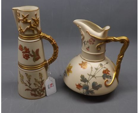 Two Royal Worcester jugs, late 19th century, decorated in aesthetic style with gilt highlights and handles, the body decorate
